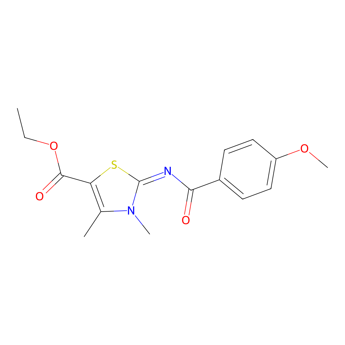 (Z)-ethyl 2-((4-methoxybenzoyl)imino)-3,4-dimethyl-2,3-dihydrothiazole-5-carboxylate molecular structure, CAS 476628-11-2