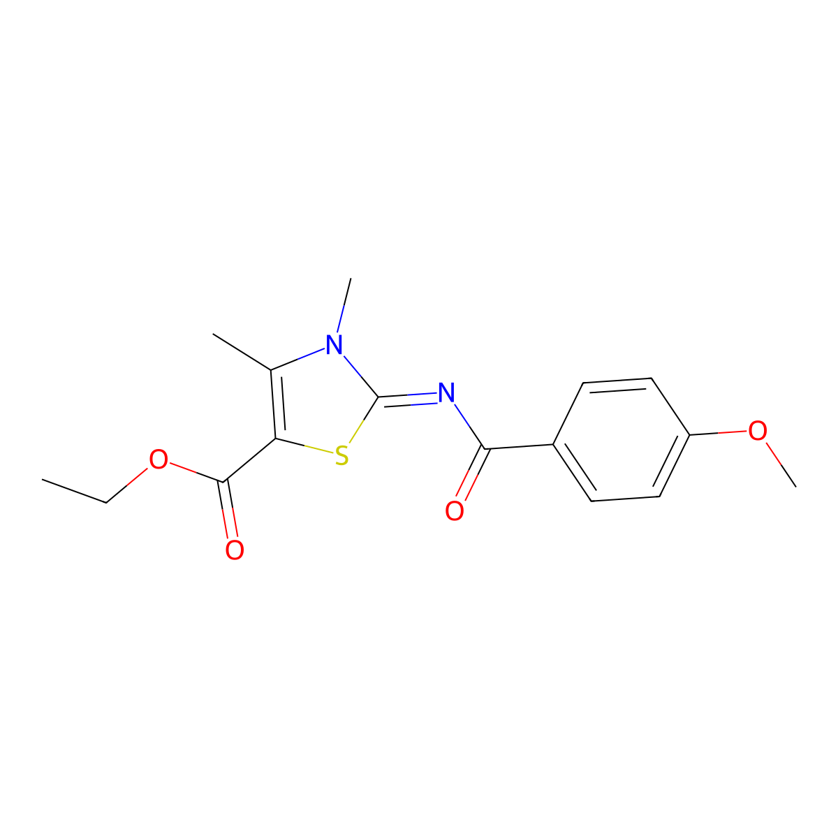 (Z)-ethyl 2-((4-methoxybenzoyl)imino)-3,4-dimethyl-2,3-dihydrothiazole-5-carboxylate molecular structure, CAS 476628-11-2