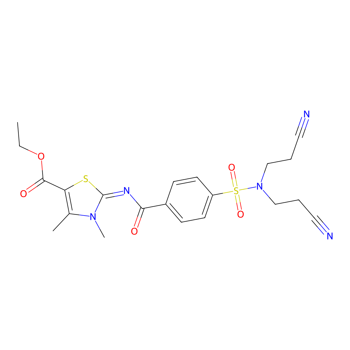 Ethyl 2-[4-[bis(2-cyanoethyl)sulfamoyl]benzoyl]imino-3,4-dimethyl-1,3-thiazole-5-carboxylate molecular structure, CAS 476628-25-8