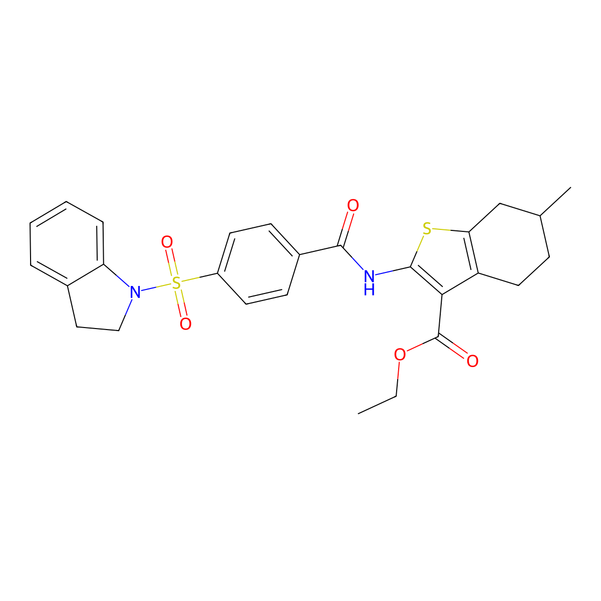 Ethyl 2-(4-(indolin-1-ylsulfonyl)benzamido)-6-methyl-4,5,6,7-tetrahydrobenzo[b]thiophene-3-carboxylate molecular structure, CAS 476641-22-2