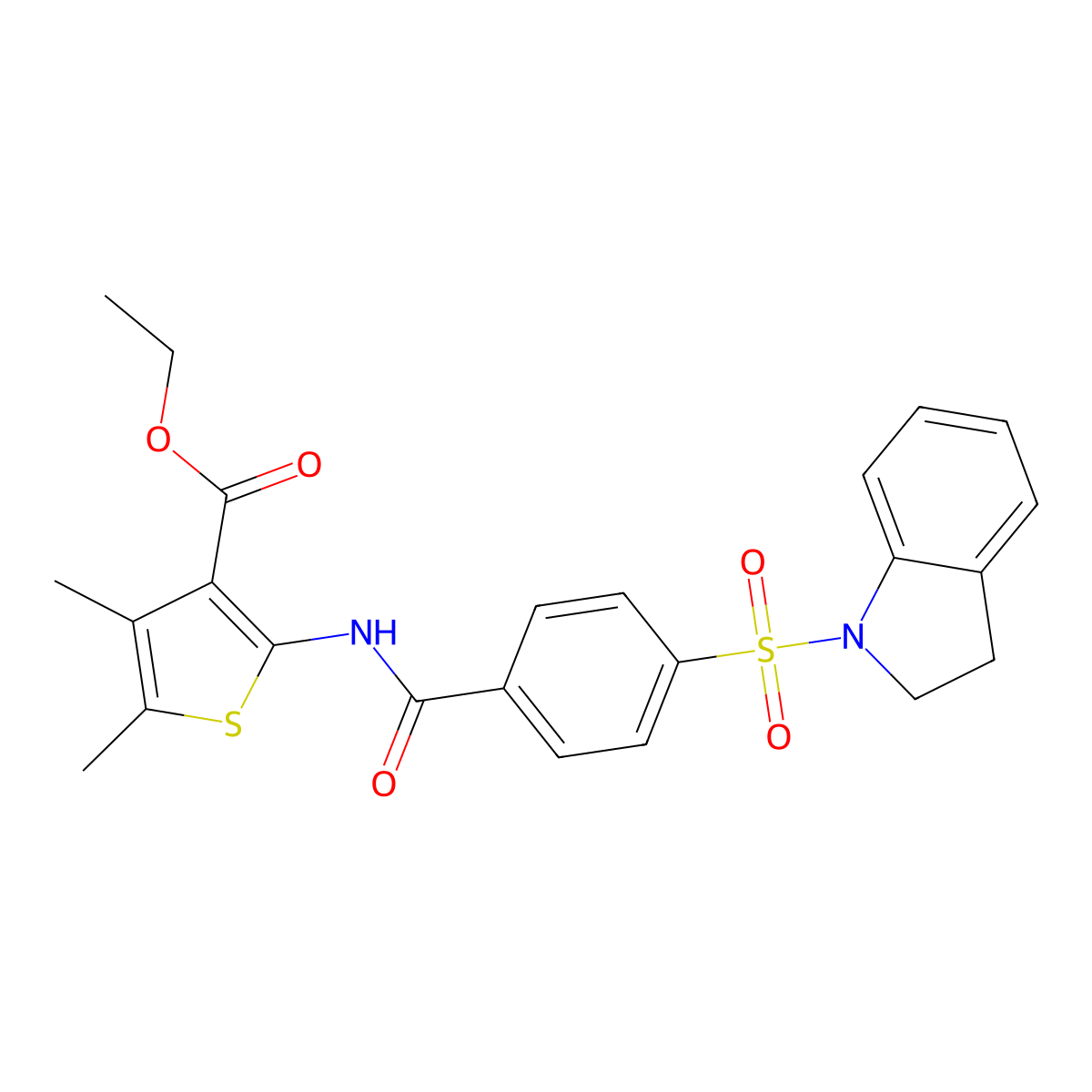 Ethyl 2-(4-(indolin-1-ylsulfonyl)benzamido)-4,5-dimethylthiophene-3-carboxylate molecular structure, CAS 476641-26-6