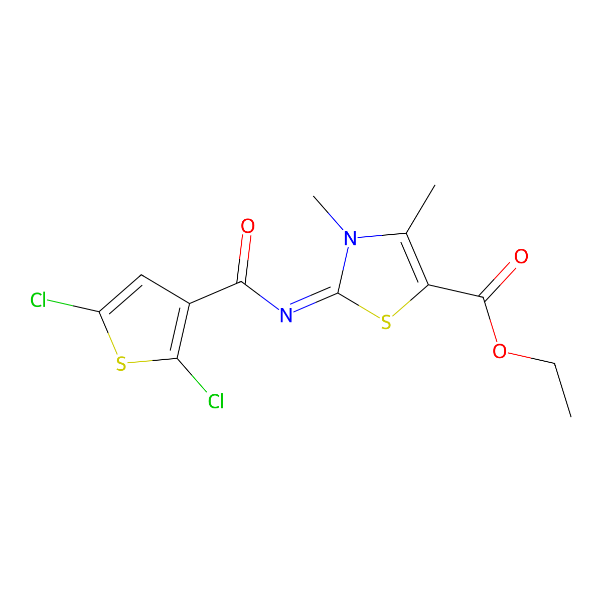 Ethyl 2-(2,5-dichlorothiophene-3-carbonyl)imino-3,4-dimethyl-1,3-thiazole-5-carboxylate molecular structure, CAS 476641-49-3