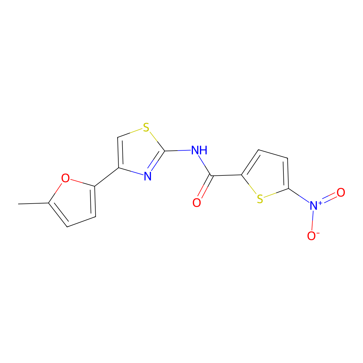 N-[4-(5-methylfuran-2-yl)-1,3-thiazol-2-yl]-5-nitrothiophene-2-carboxamide molecular structure, CAS 476642-64-5