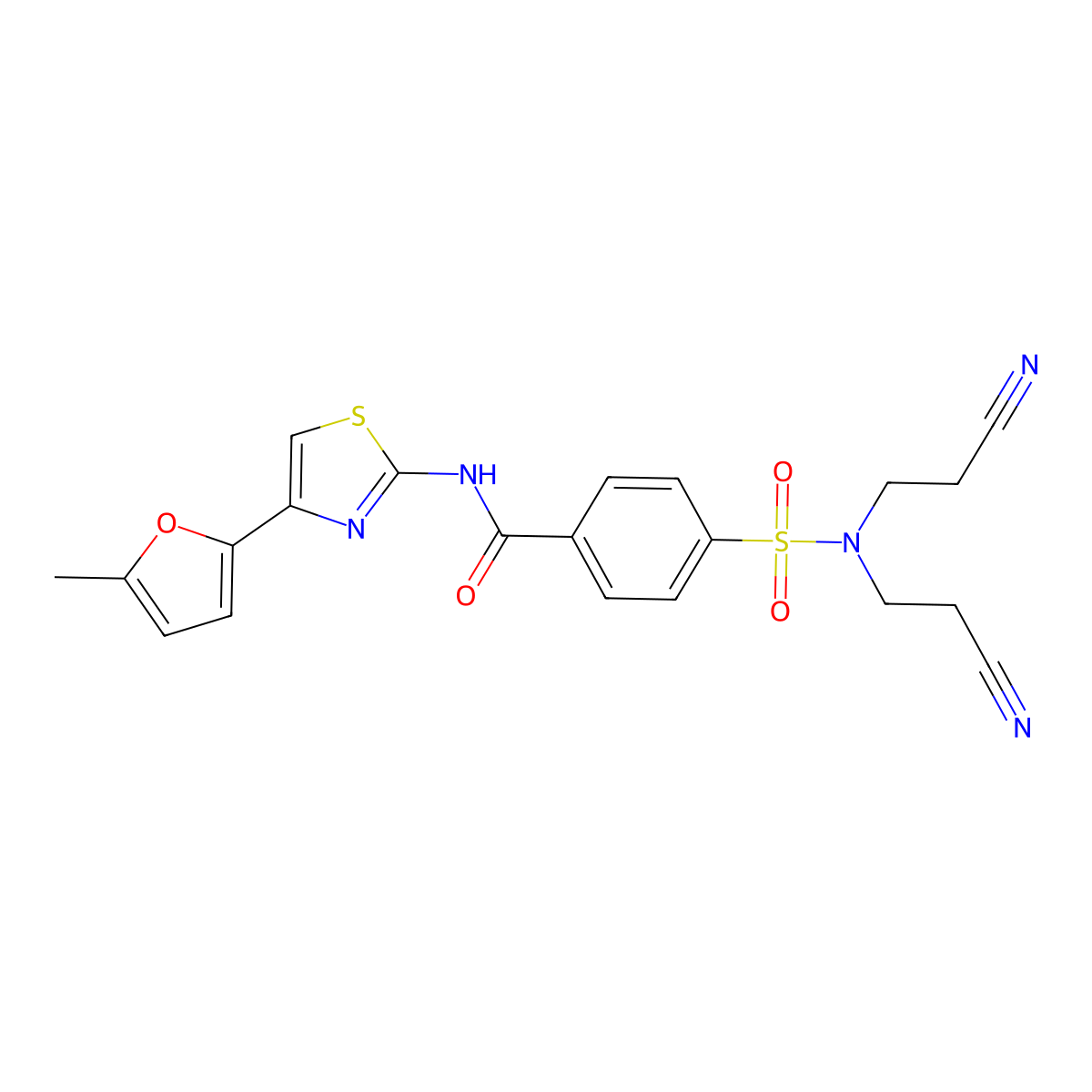 4-[bis(2-cyanoethyl)sulfamoyl]-N-[4-(5-methylfuran-2-yl)-1,3-thiazol-2-yl]benzamide molecular structure, CAS 476642-66-7