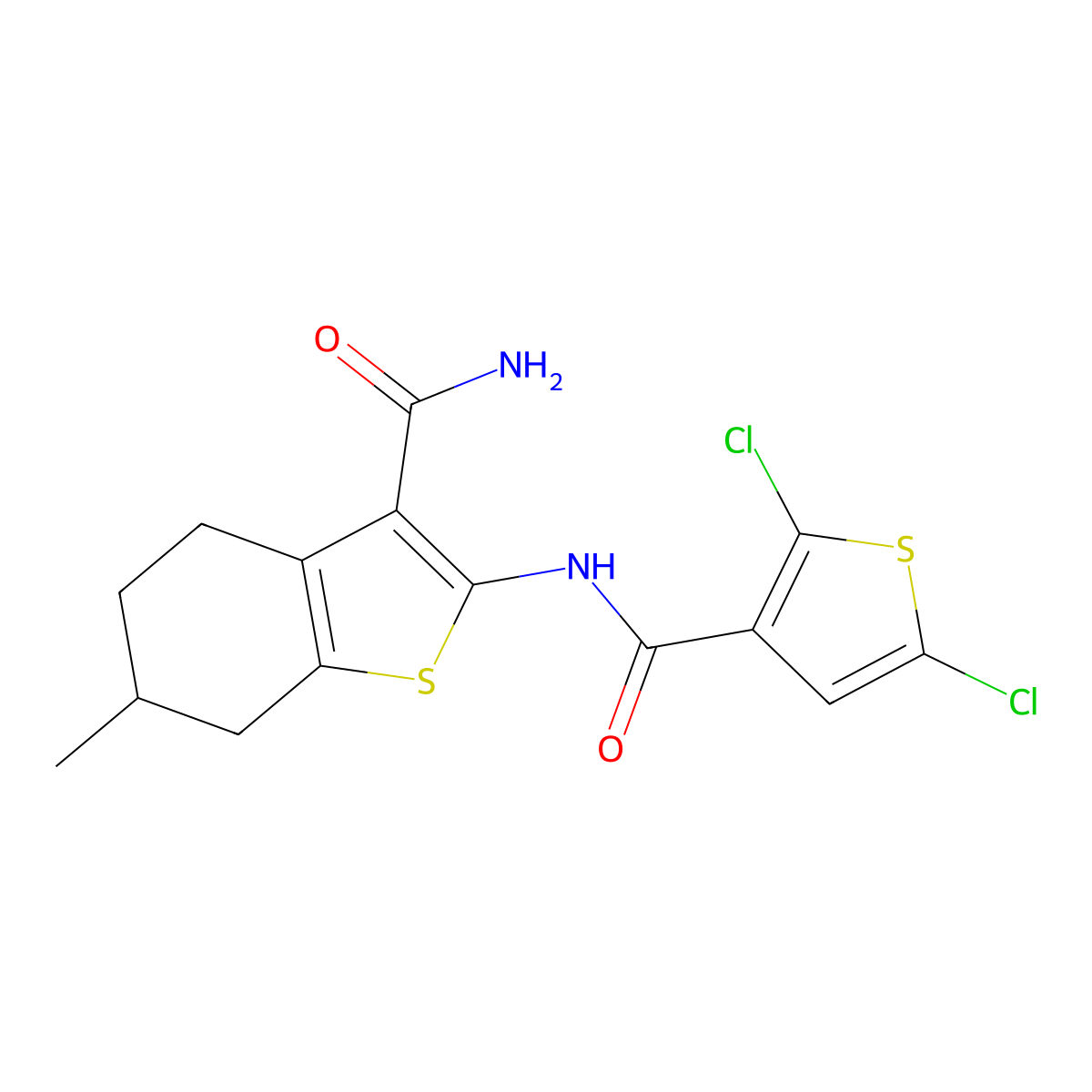 2-(2,5-Dichlorothiophene-3-carboxamido)-6-methyl-4,5,6,7-tetrahydrobenzo[b]thiophene-3-carboxamide molecular structure, CAS 476643-06-8