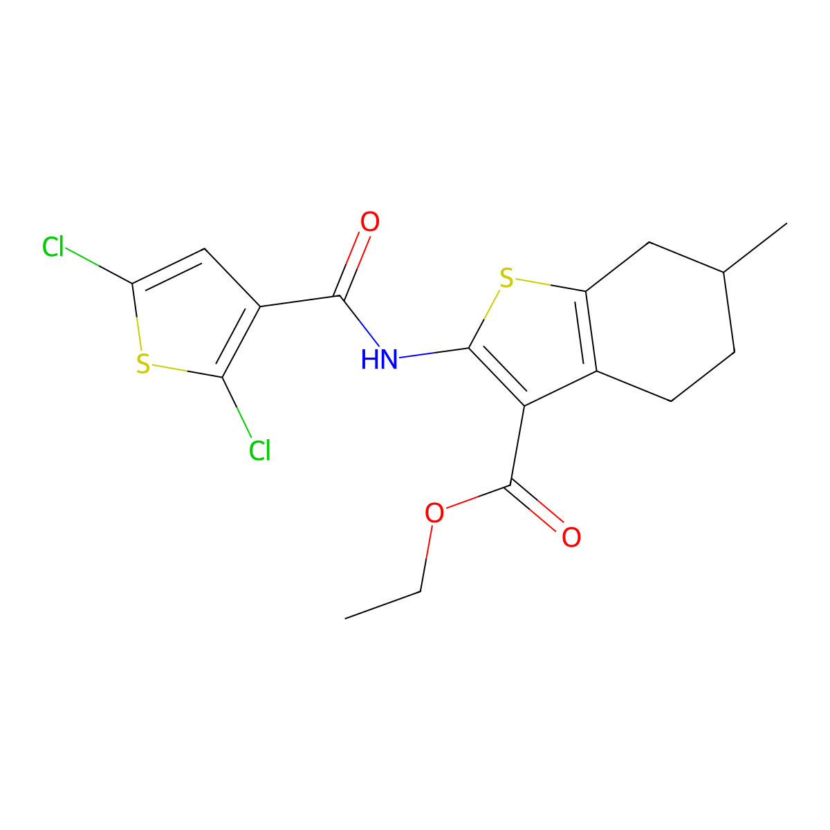 Ethyl 2-(2,5-dichlorothiophene-3-carboxamido)-6-methyl-4,5,6,7-tetrahydrobenzo[b]thiophene-3-carboxylate molecular structure, CAS 476643-07-9