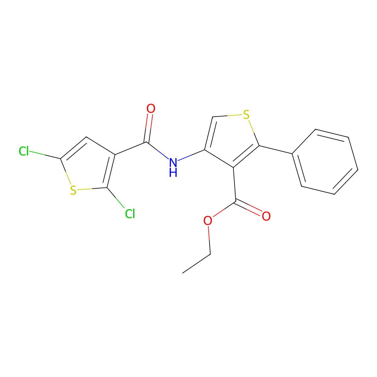 Ethyl 4-(2,5-dichlorothiophene-3-carboxamido)-2-phenylthiophene-3-carboxylate molecular structure, CAS 476643-13-7