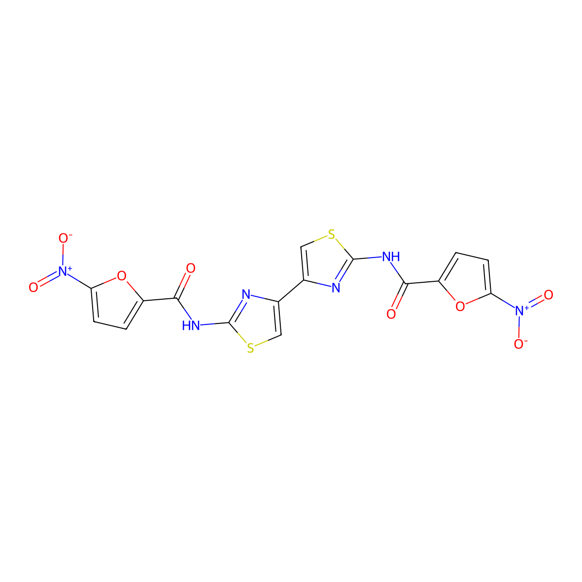 5-nitro-N-[4-[2-[(5-nitrofuran-2-carbonyl)amino]-1,3-thiazol-4-yl]-1,3-thiazol-2-yl]furan-2-carboxamide molecular structure, CAS 476643-46-6
