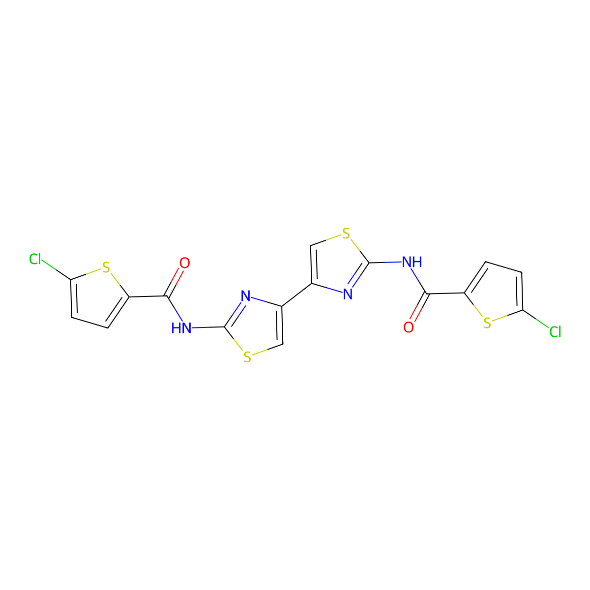 5-chloro-N-[4-[2-[(5-chlorothiophene-2-carbonyl)amino]-1,3-thiazol-4-yl]-1,3-thiazol-2-yl]thiophene-2-carboxamide molecular structure, CAS 476643-48-8
