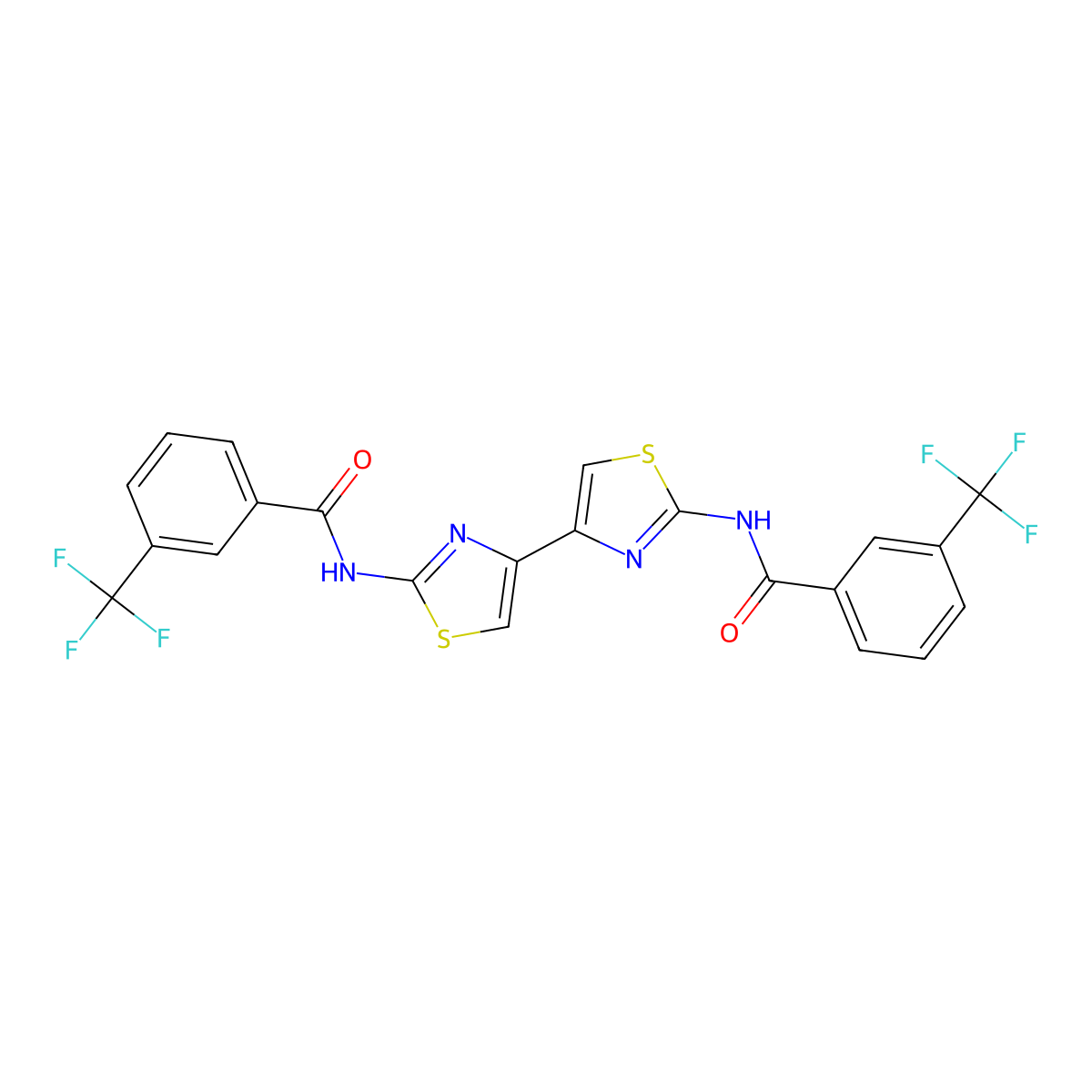 3-(trifluoromethyl)-N-[4-[2-[[3-(trifluoromethyl)benzoyl]amino]-1,3-thiazol-4-yl]-1,3-thiazol-2-yl]benzamide molecular structure, CAS 476643-50-2