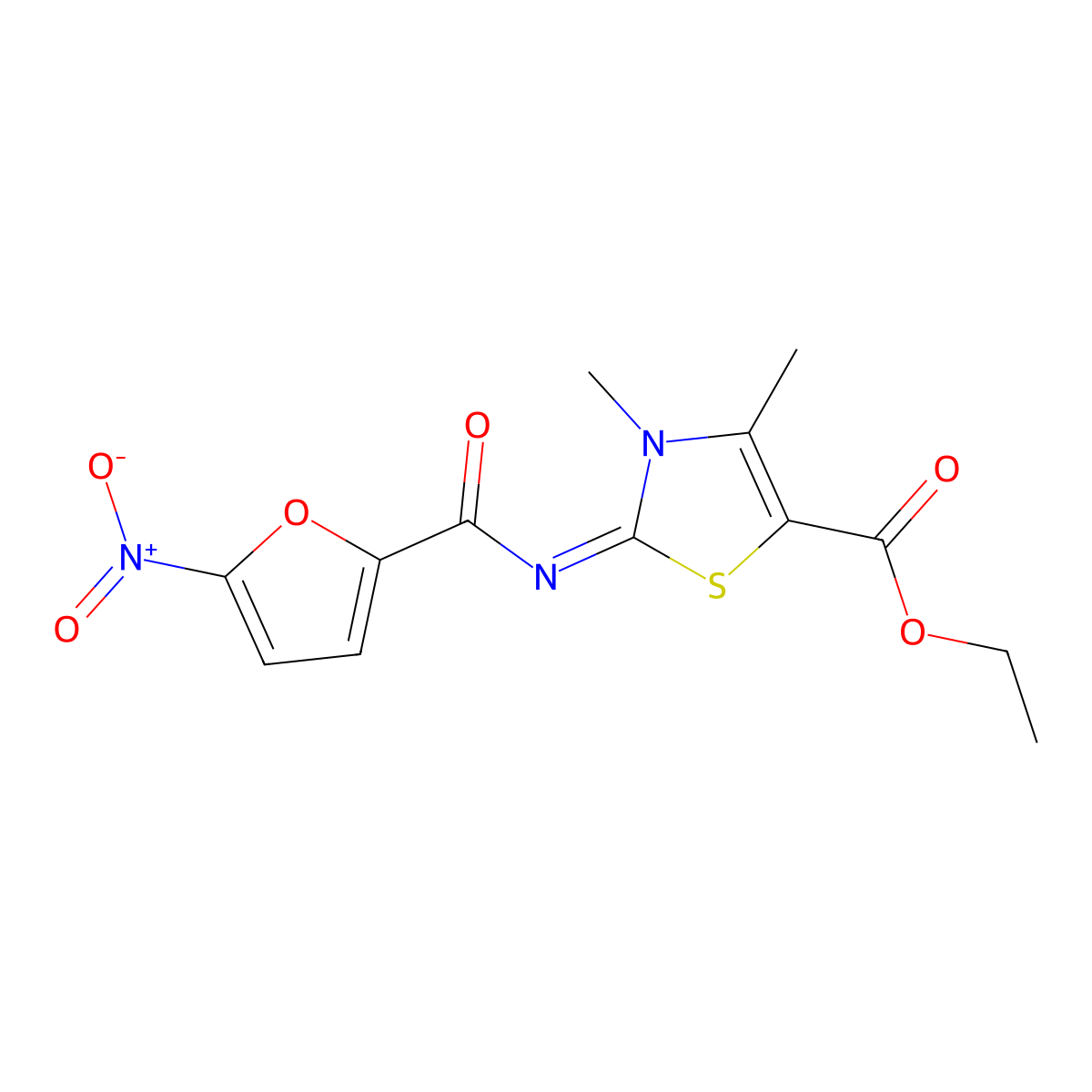 (Z)-ethyl 3,4-dimethyl-2-((5-nitrofuran-2-carbonyl)imino)-2,3-dihydrothiazole-5-carboxylate molecular structure, CAS 476643-62-6