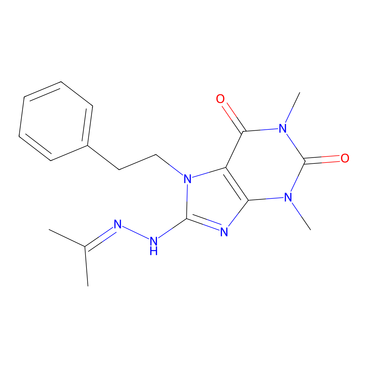 1,3-dimethyl-7-phenethyl-8-(2-(propan-2-ylidene)hydrazinyl)-1H-purine-2,6(3H,7H)-dione molecular structure, CAS 476668-45-8