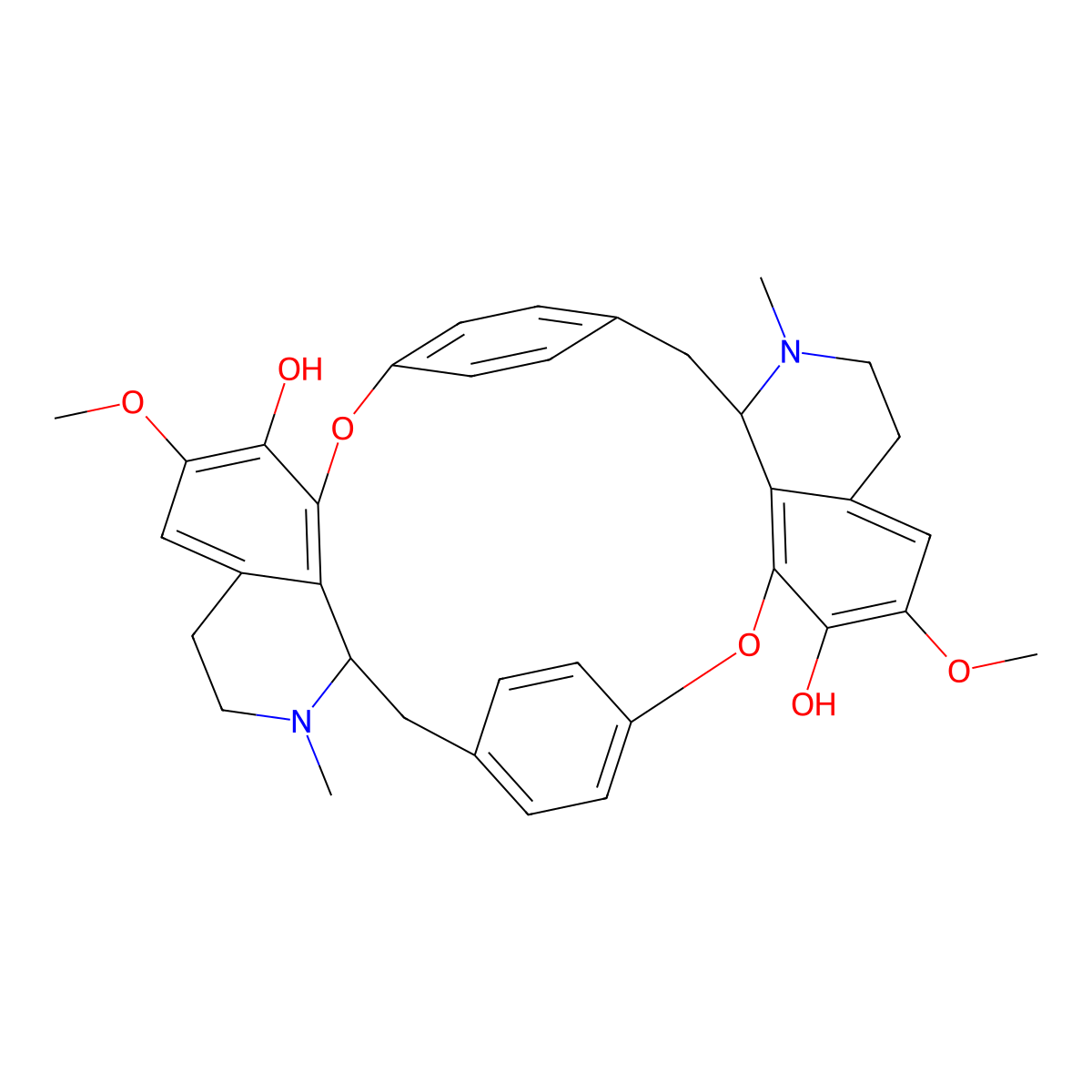 (12aR,24aR)-2,3,12a,13,14,15,24,24a-Octahydro-5,17-dimethoxy-1,13-dimethyl-8,11:20,23-dietheno-1H,12H-(1,10)dioxacyclooctadecino(2,3,4-ij:11,12,13-i'j')diisoquinoline-6,18-diol molecular structure, CAS 477-62-3