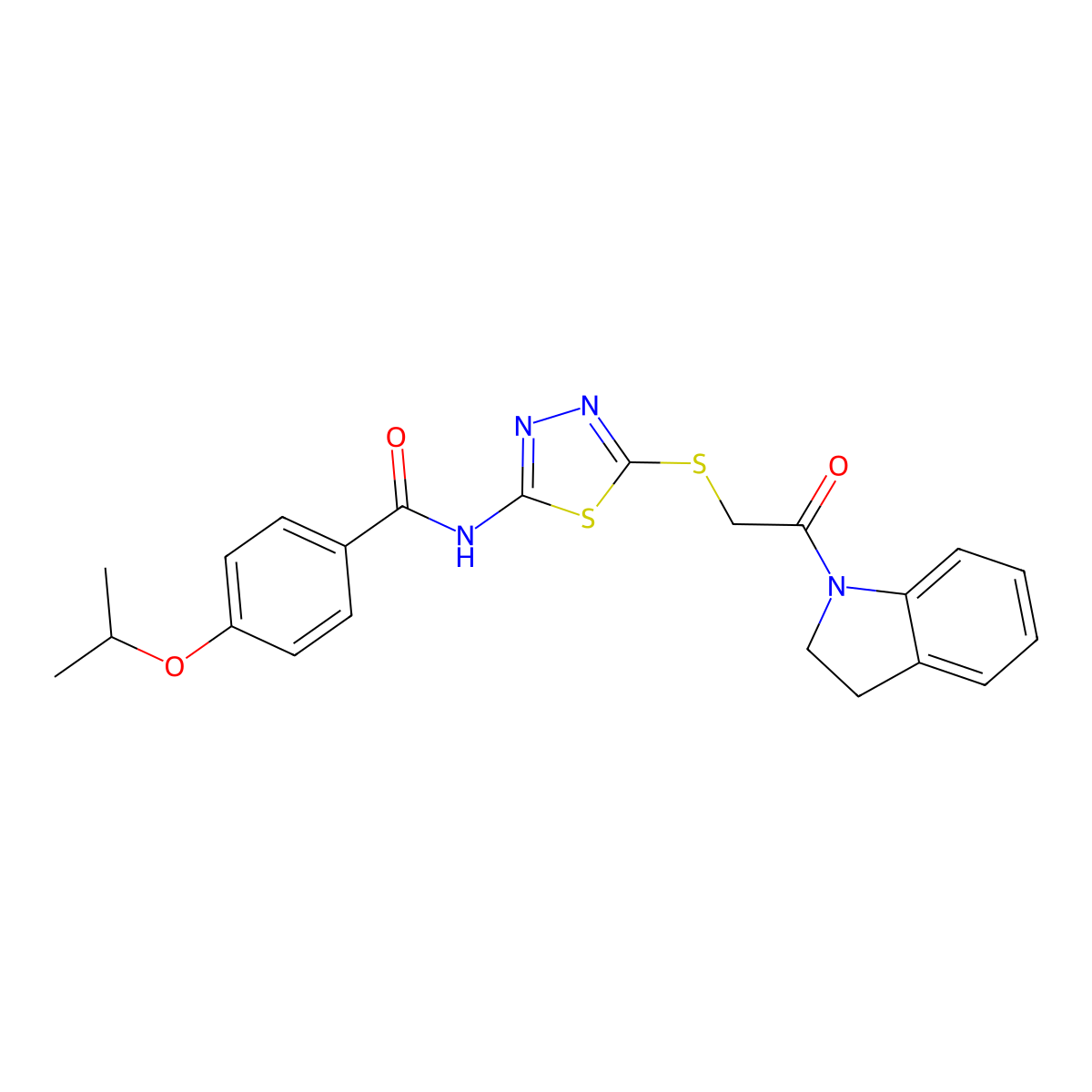 N-(5-((2-(indolin-1-yl)-2-oxoethyl)thio)-1,3,4-thiadiazol-2-yl)-4-isopropoxybenzamide molecular structure, CAS 477211-81-7