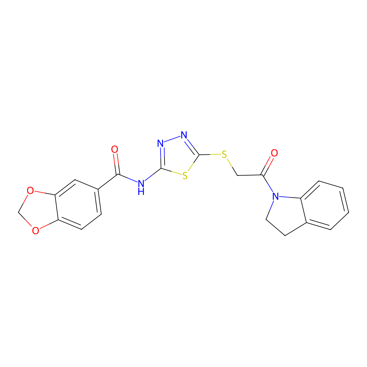 N-(5-((2-(indolin-1-yl)-2-oxoethyl)thio)-1,3,4-thiadiazol-2-yl)benzo[d][1,3]dioxole-5-carboxamide molecular structure, CAS 477211-85-1