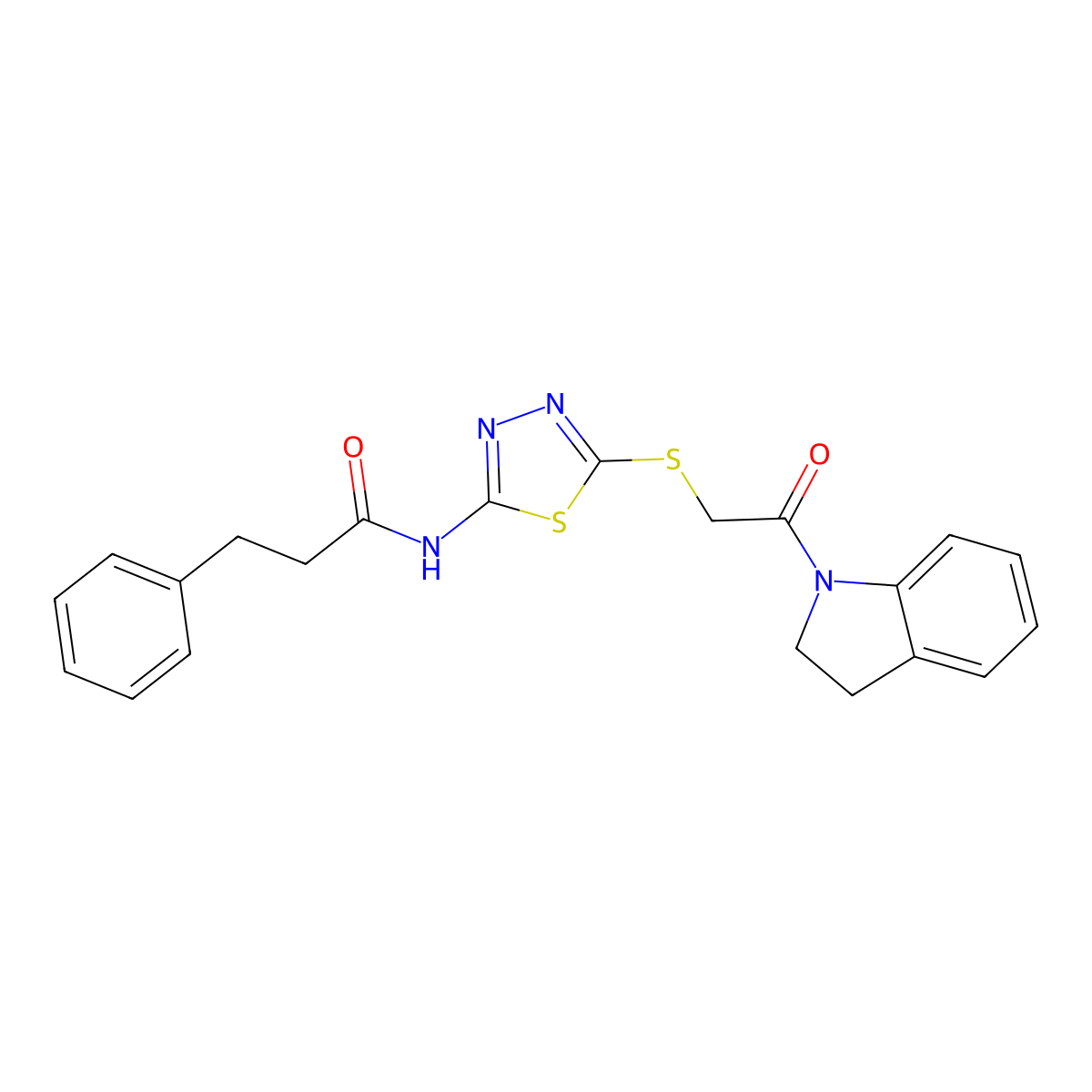 N-(5-{[2-(2,3-dihydro-1H-indol-1-yl)-2-oxoethyl]sulfanyl}-1,3,4-thiadiazol-2-yl)-3-phenylpropanamide molecular structure, CAS 477211-90-8