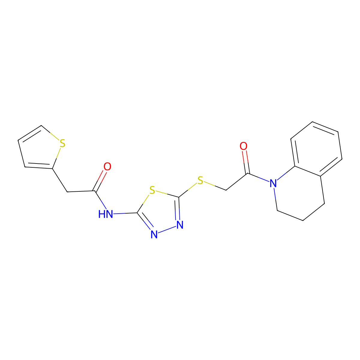N-(5-((2-(3,4-dihydroquinolin-1(2H)-yl)-2-oxoethyl)thio)-1,3,4-thiadiazol-2-yl)-2-(thiophen-2-yl)acetamide molecular structure, CAS 477211-99-7