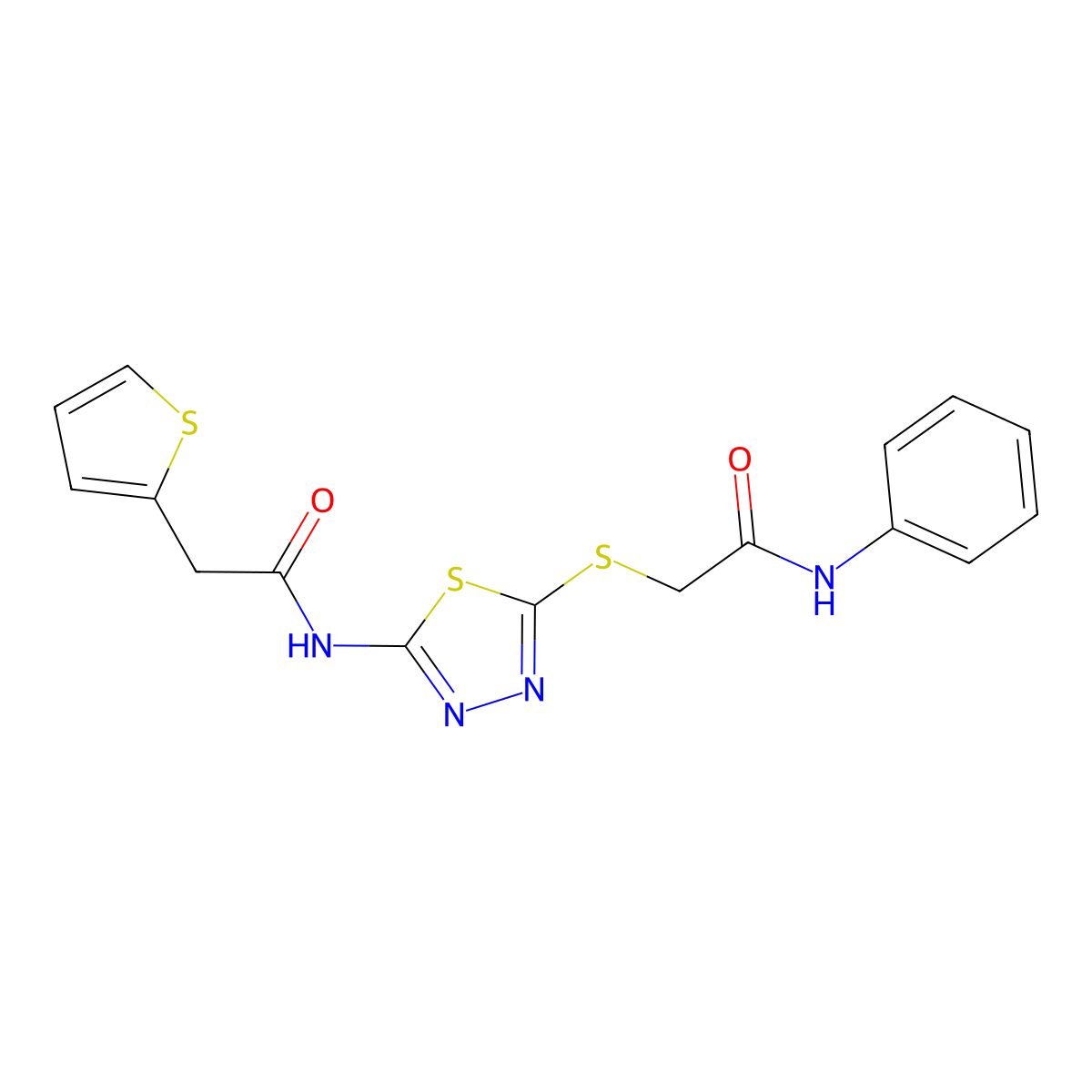N-(5-((2-oxo-2-(phenylamino)ethyl)thio)-1,3,4-thiadiazol-2-yl)-2-(thiophen-2-yl)acetamide molecular structure, CAS 477212-14-9