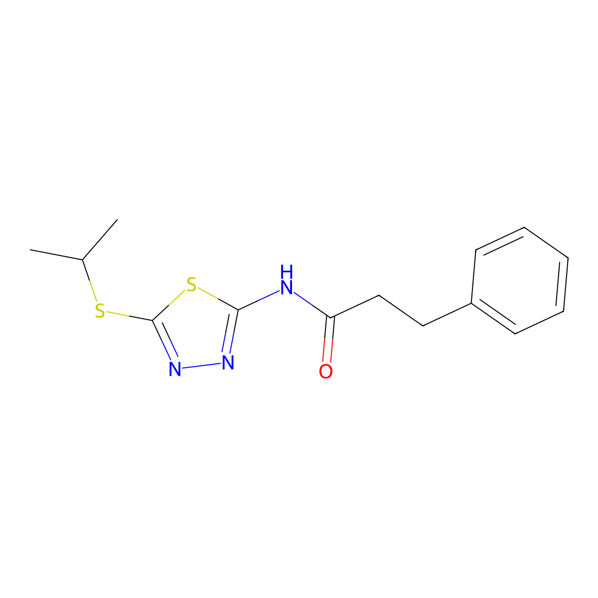 N-(5-(isopropylthio)-1,3,4-thiadiazol-2-yl)-3-phenylpropanamide molecular structure, CAS 477212-35-4