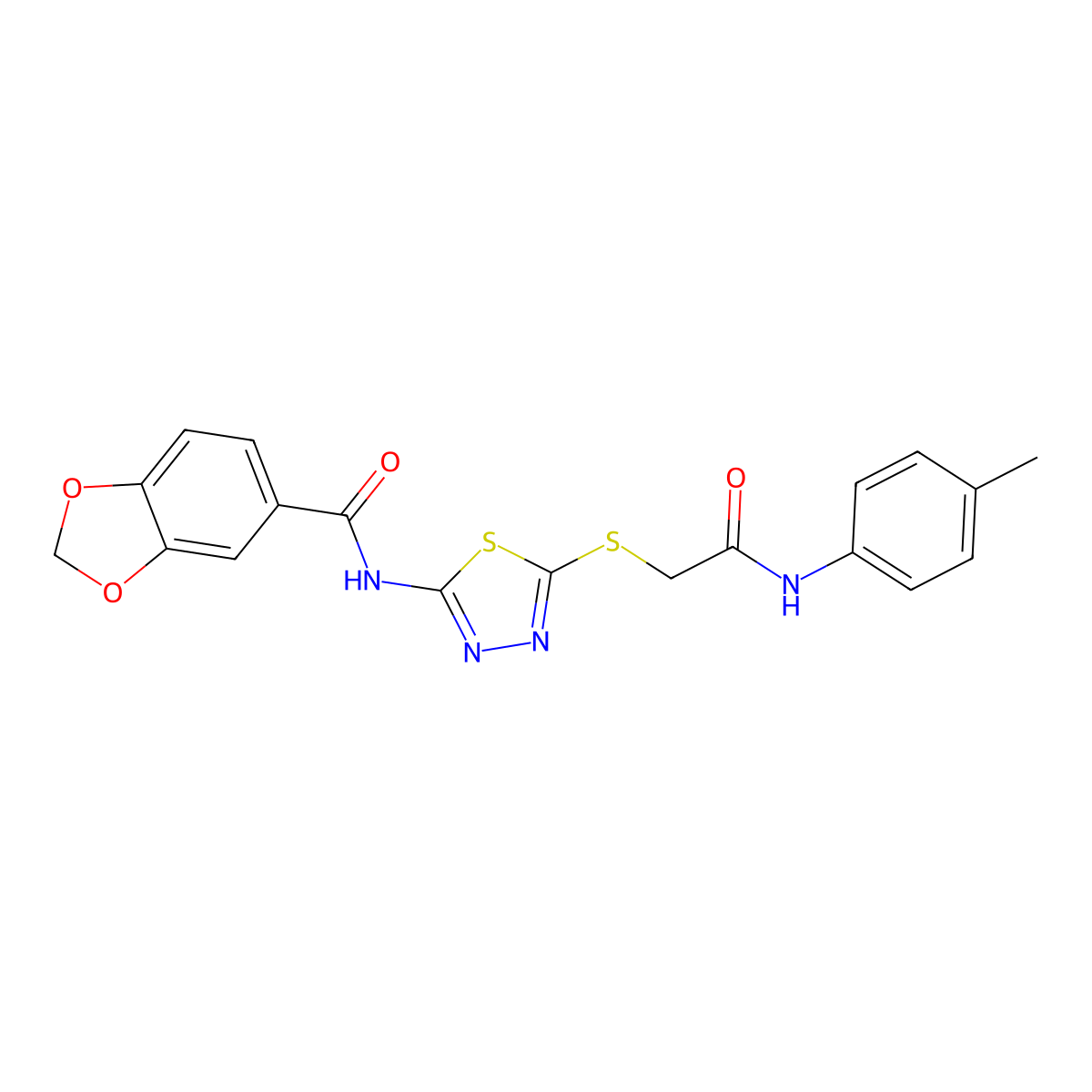 N-(5-((2-oxo-2-(p-tolylamino)ethyl)thio)-1,3,4-thiadiazol-2-yl)benzo[d][1,3]dioxole-5-carboxamide molecular structure, CAS 477212-60-5