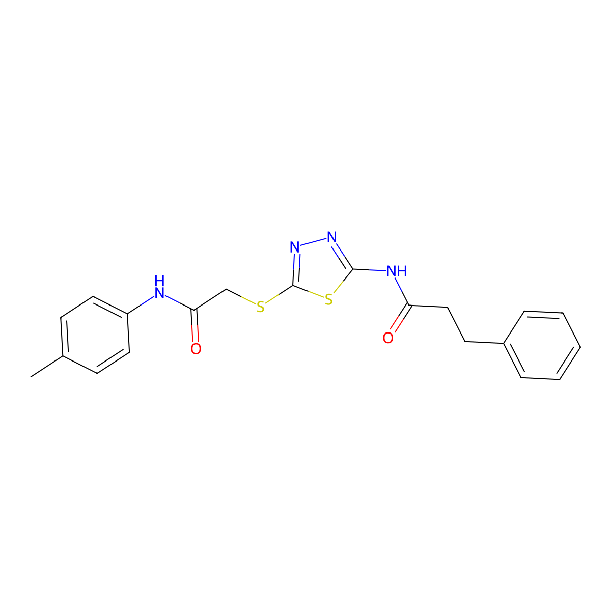 N-(5-((2-oxo-2-(p-tolylamino)ethyl)thio)-1,3,4-thiadiazol-2-yl)-3-phenylpropanamide molecular structure, CAS 477212-65-0