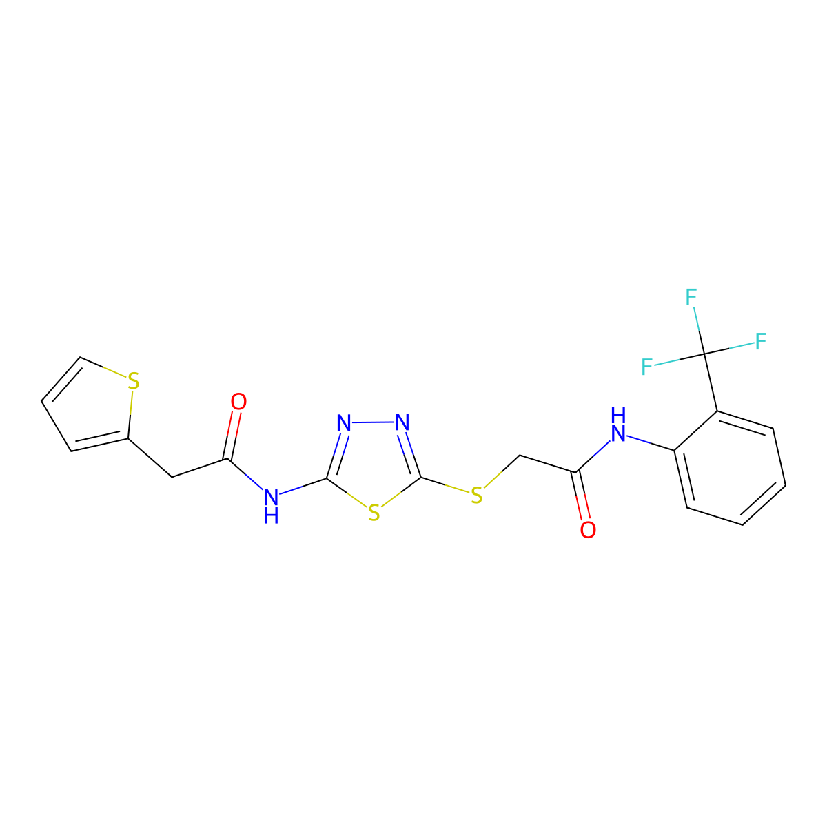 N-[5-[2-oxo-2-[2-(trifluoromethyl)anilino]ethyl]sulfanyl-1,3,4-thiadiazol-2-yl]-2-thiophen-2-ylacetamide molecular structure, CAS 477212-74-1