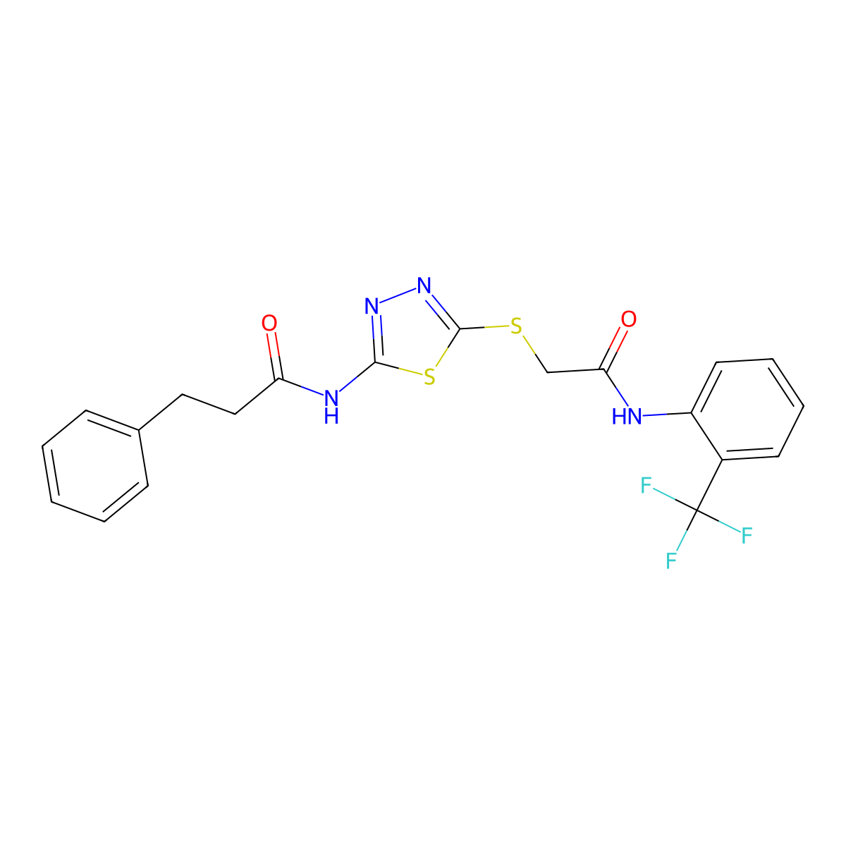N-(5-((2-oxo-2-((2-(trifluoromethyl)phenyl)amino)ethyl)thio)-1,3,4-thiadiazol-2-yl)-3-phenylpropanamide molecular structure, CAS 477212-80-9