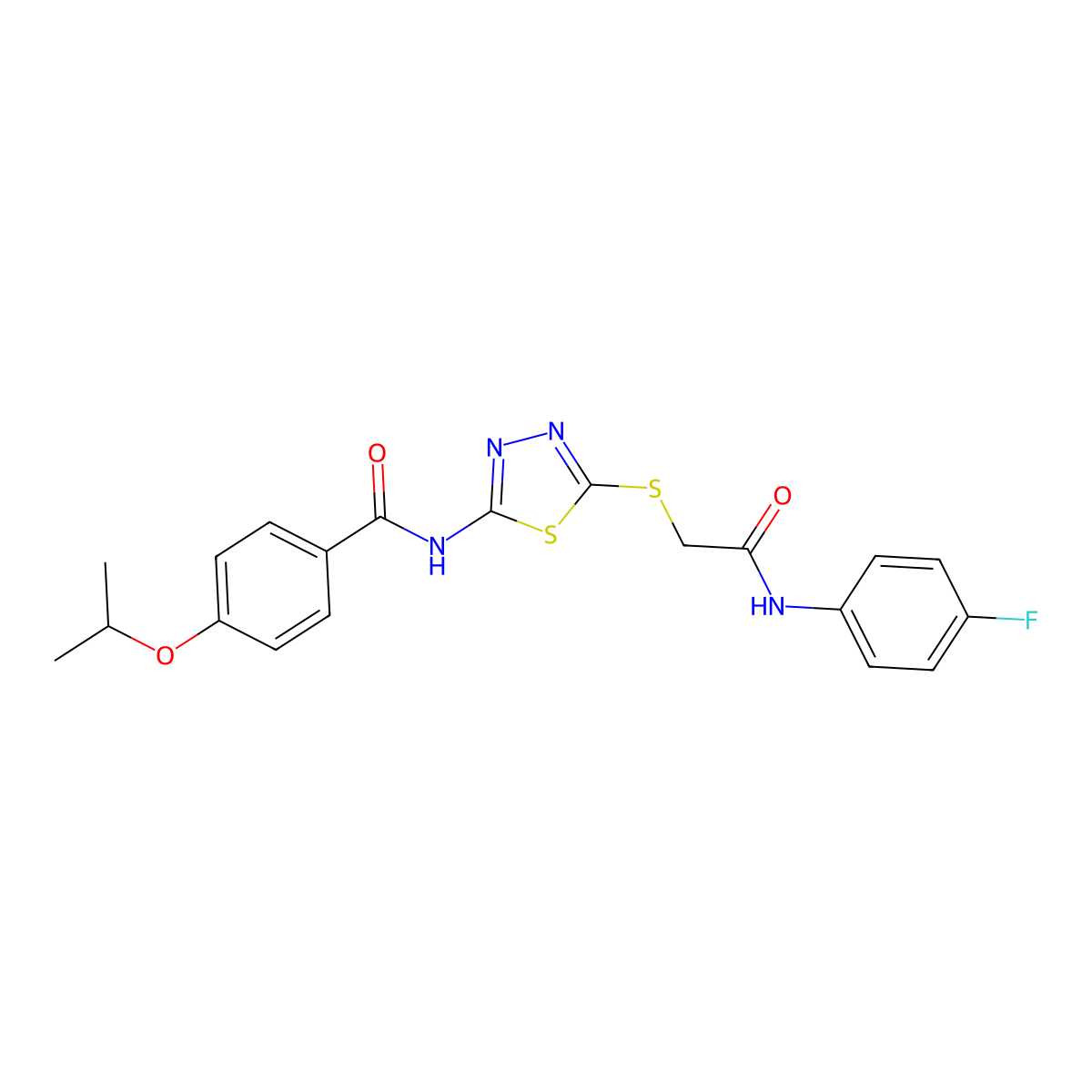 N-(5-((2-((4-fluorophenyl)amino)-2-oxoethyl)thio)-1,3,4-thiadiazol-2-yl)-4-isopropoxybenzamide molecular structure, CAS 477212-86-5