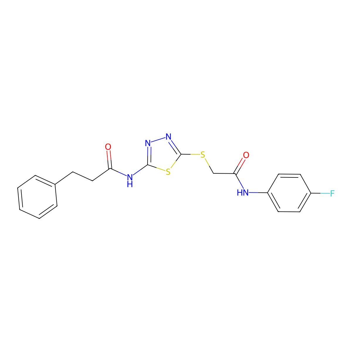 N-(5-((2-((4-fluorophenyl)amino)-2-oxoethyl)thio)-1,3,4-thiadiazol-2-yl)-3-phenylpropanamide molecular structure, CAS 477212-96-7