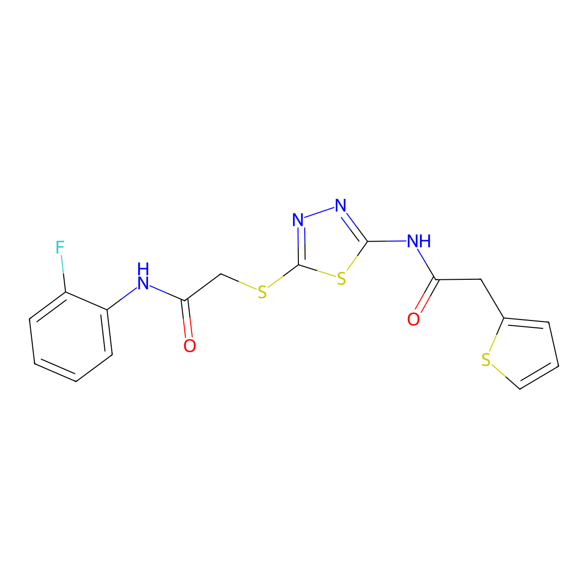 N-(2-fluorophenyl)-2-((5-(2-(thiophen-2-yl)acetamido)-1,3,4-thiadiazol-2-yl)thio)acetamide molecular structure, CAS 477213-05-1