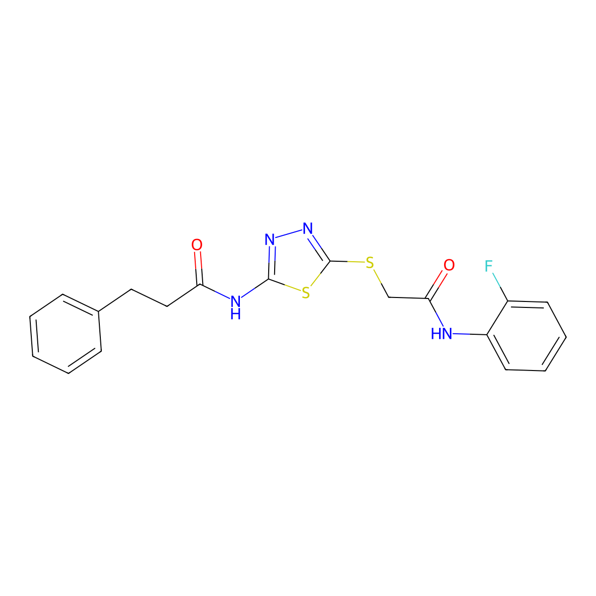 N-(5-((2-((2-fluorophenyl)amino)-2-oxoethyl)thio)-1,3,4-thiadiazol-2-yl)-3-phenylpropanamide molecular structure, CAS 477213-11-9