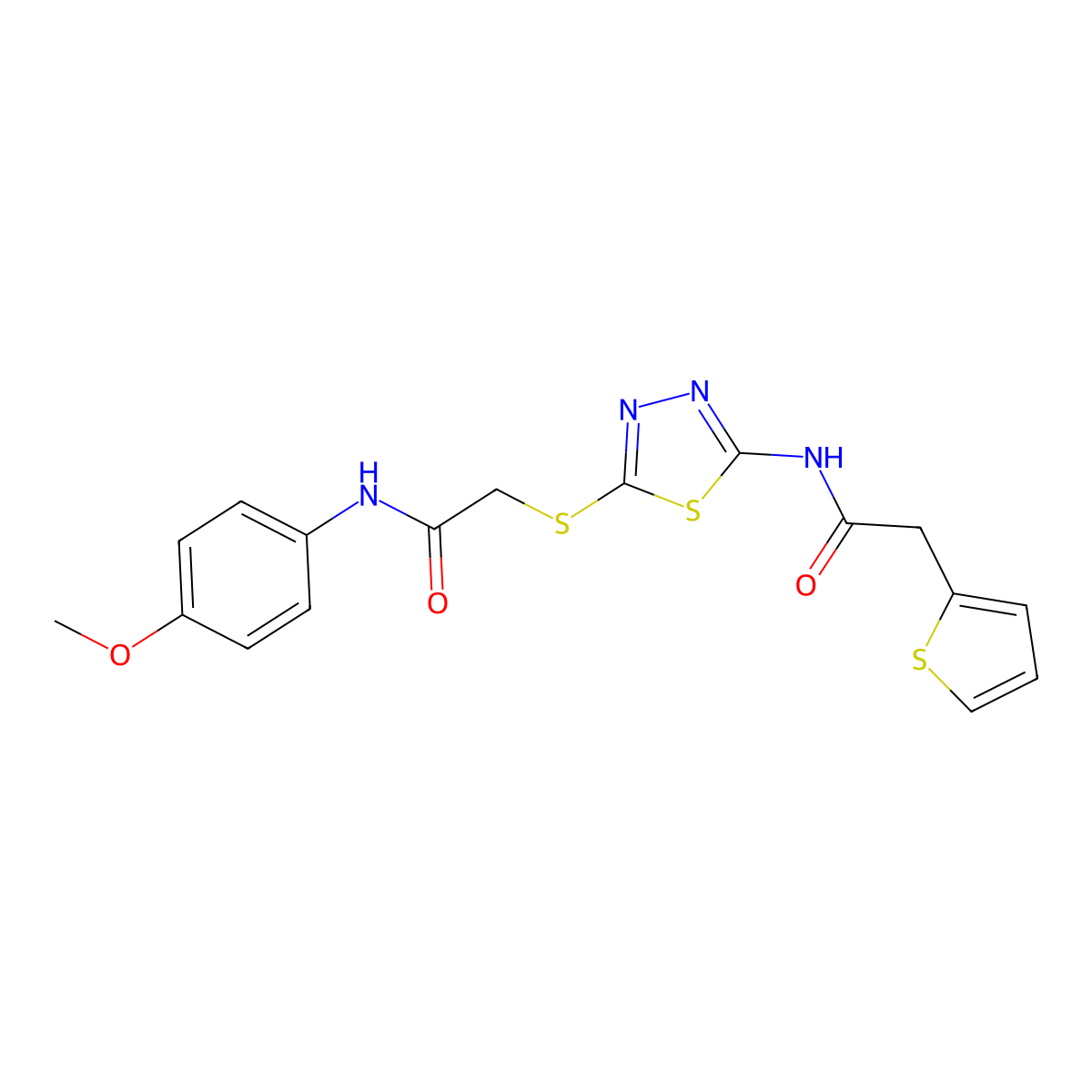 N-(4-methoxyphenyl)-2-((5-(2-(thiophen-2-yl)acetamido)-1,3,4-thiadiazol-2-yl)thio)acetamide molecular structure, CAS 477213-21-1