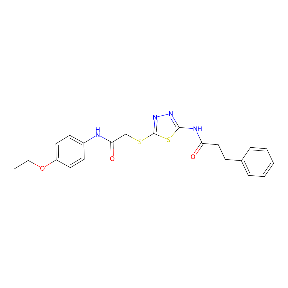 N-(5-((2-((4-ethoxyphenyl)amino)-2-oxoethyl)thio)-1,3,4-thiadiazol-2-yl)-3-phenylpropanamide molecular structure, CAS 477213-42-6