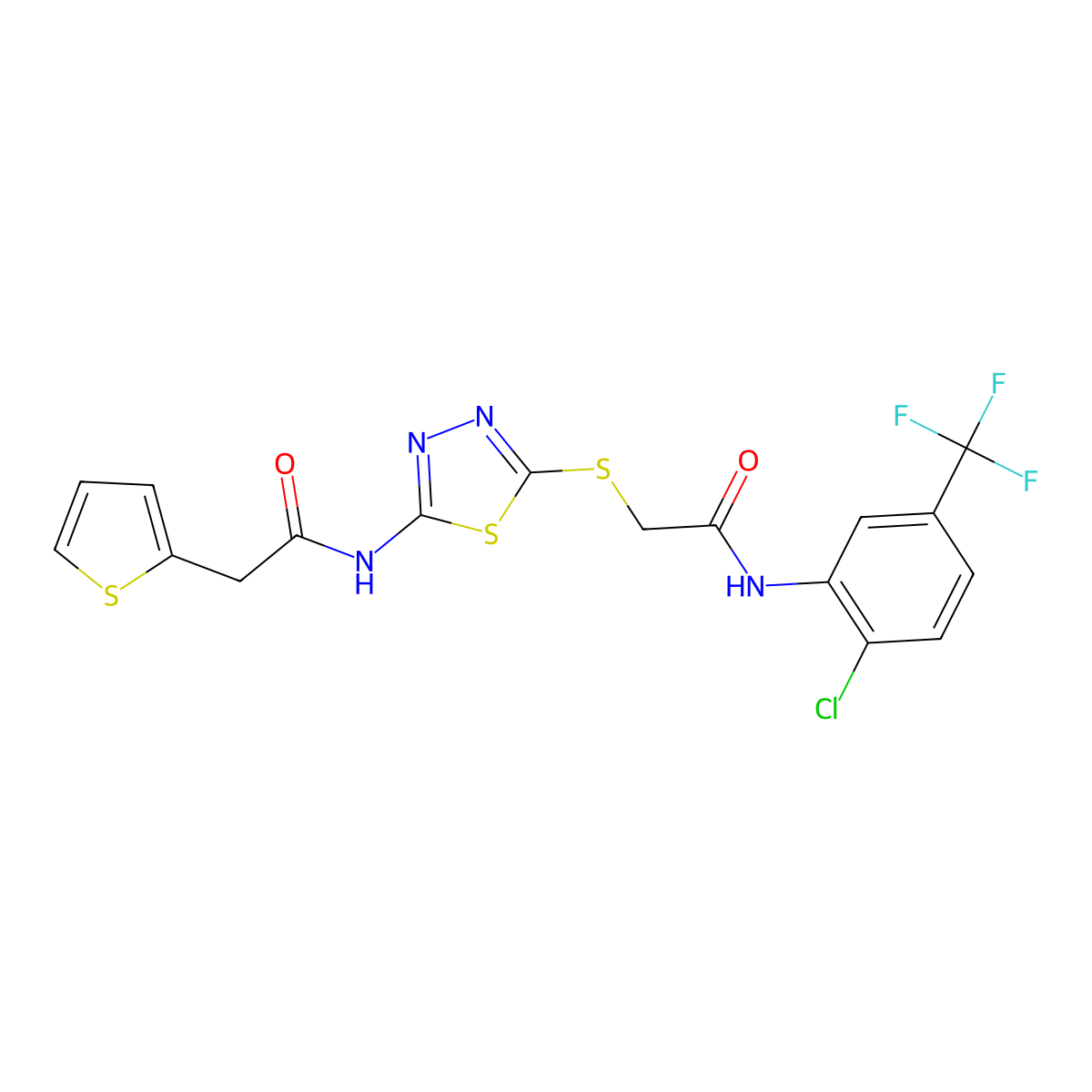 N-(2-chloro-5-(trifluoromethyl)phenyl)-2-((5-(2-(thiophen-2-yl)acetamido)-1,3,4-thiadiazol-2-yl)thio)acetamide molecular structure, CAS 477214-41-8