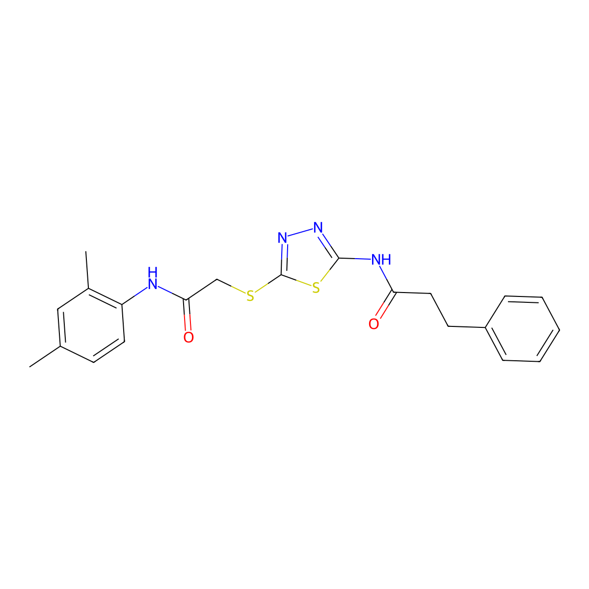N-(5-((2-((2,4-dimethylphenyl)amino)-2-oxoethyl)thio)-1,3,4-thiadiazol-2-yl)-3-phenylpropanamide molecular structure, CAS 477214-62-3