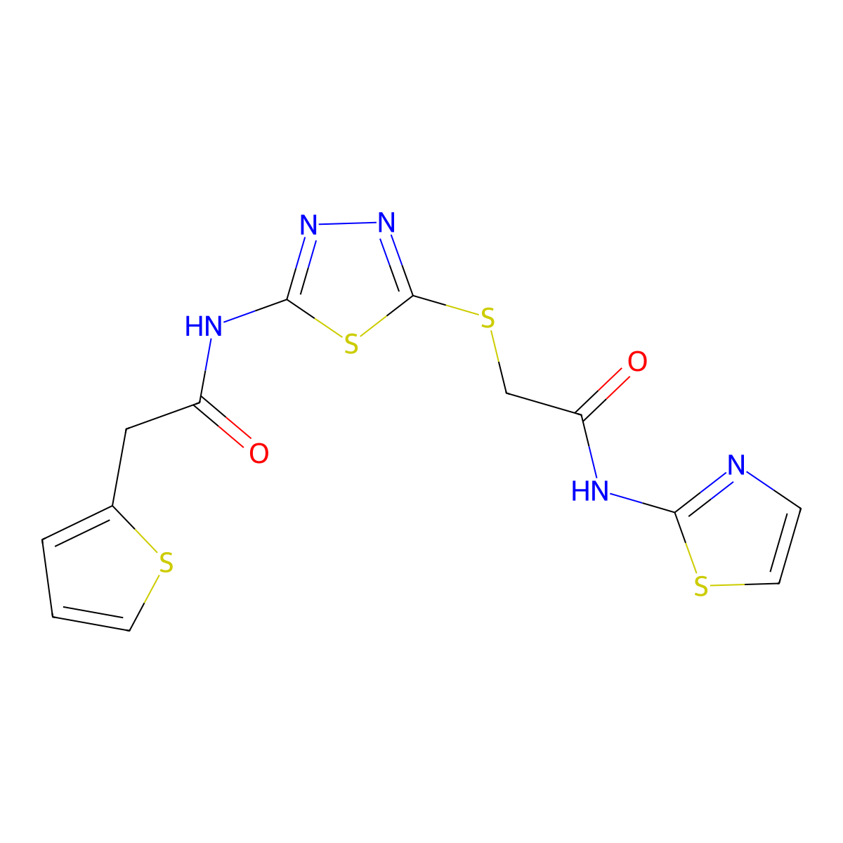 N-(5-((2-oxo-2-(thiazol-2-ylamino)ethyl)thio)-1,3,4-thiadiazol-2-yl)-2-(thiophen-2-yl)acetamide molecular structure, CAS 477214-71-4