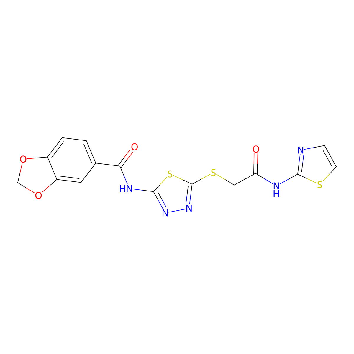 N-(5-((2-oxo-2-(thiazol-2-ylamino)ethyl)thio)-1,3,4-thiadiazol-2-yl)benzo[d][1,3]dioxole-5-carboxamide molecular structure, CAS 477214-72-5