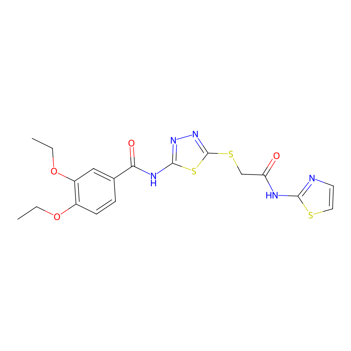 3,4-diethoxy-N-(5-((2-oxo-2-(thiazol-2-ylamino)ethyl)thio)-1,3,4-thiadiazol-2-yl)benzamide molecular structure, CAS 477214-76-9