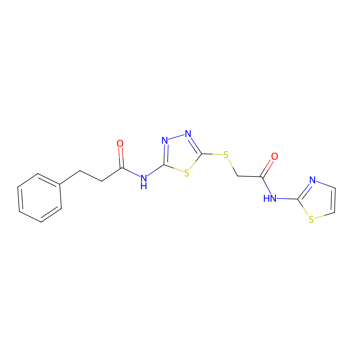 N-(5-((2-oxo-2-(thiazol-2-ylamino)ethyl)thio)-1,3,4-thiadiazol-2-yl)-3-phenylpropanamide molecular structure, CAS 477214-77-0