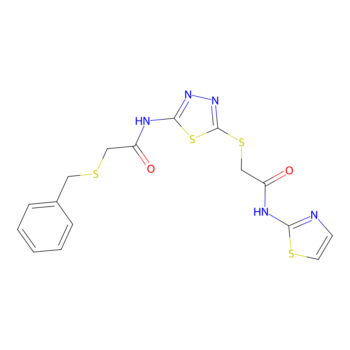 2-(benzylthio)-N-(5-((2-oxo-2-(thiazol-2-ylamino)ethyl)thio)-1,3,4-thiadiazol-2-yl)acetamide molecular structure, CAS 477214-79-2