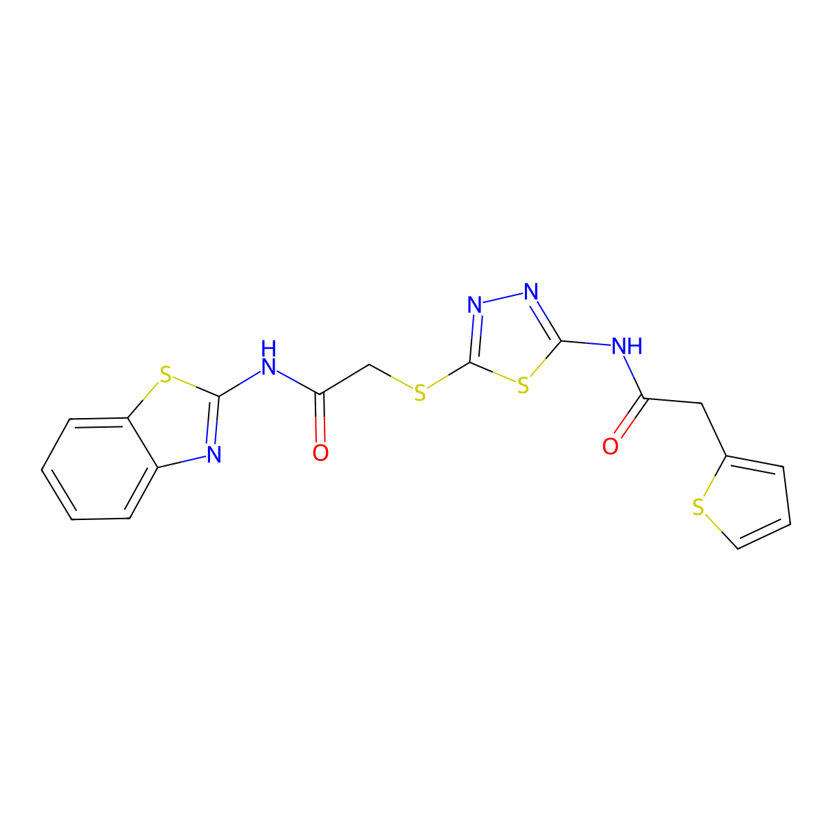 N-(benzo[d]thiazol-2-yl)-2-((5-(2-(thiophen-2-yl)acetamido)-1,3,4-thiadiazol-2-yl)thio)acetamide molecular structure, CAS 477214-86-1