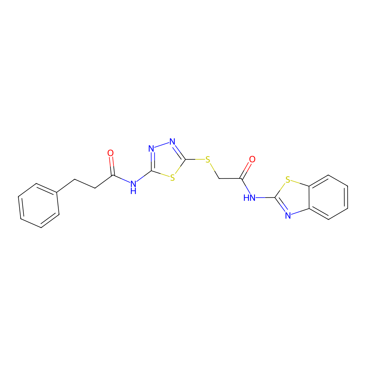 N-(5-((2-(benzo[d]thiazol-2-ylamino)-2-oxoethyl)thio)-1,3,4-thiadiazol-2-yl)-3-phenylpropanamide molecular structure, CAS 477214-92-9