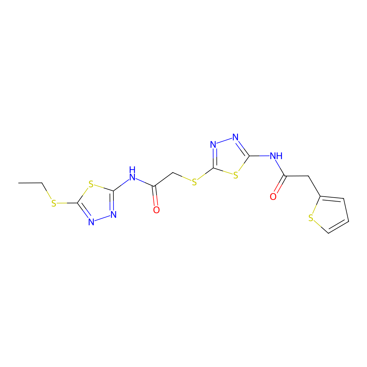 N-(5-(ethylthio)-1,3,4-thiadiazol-2-yl)-2-((5-(2-(thiophen-2-yl)acetamido)-1,3,4-thiadiazol-2-yl)thio)acetamide molecular structure, CAS 477215-01-3