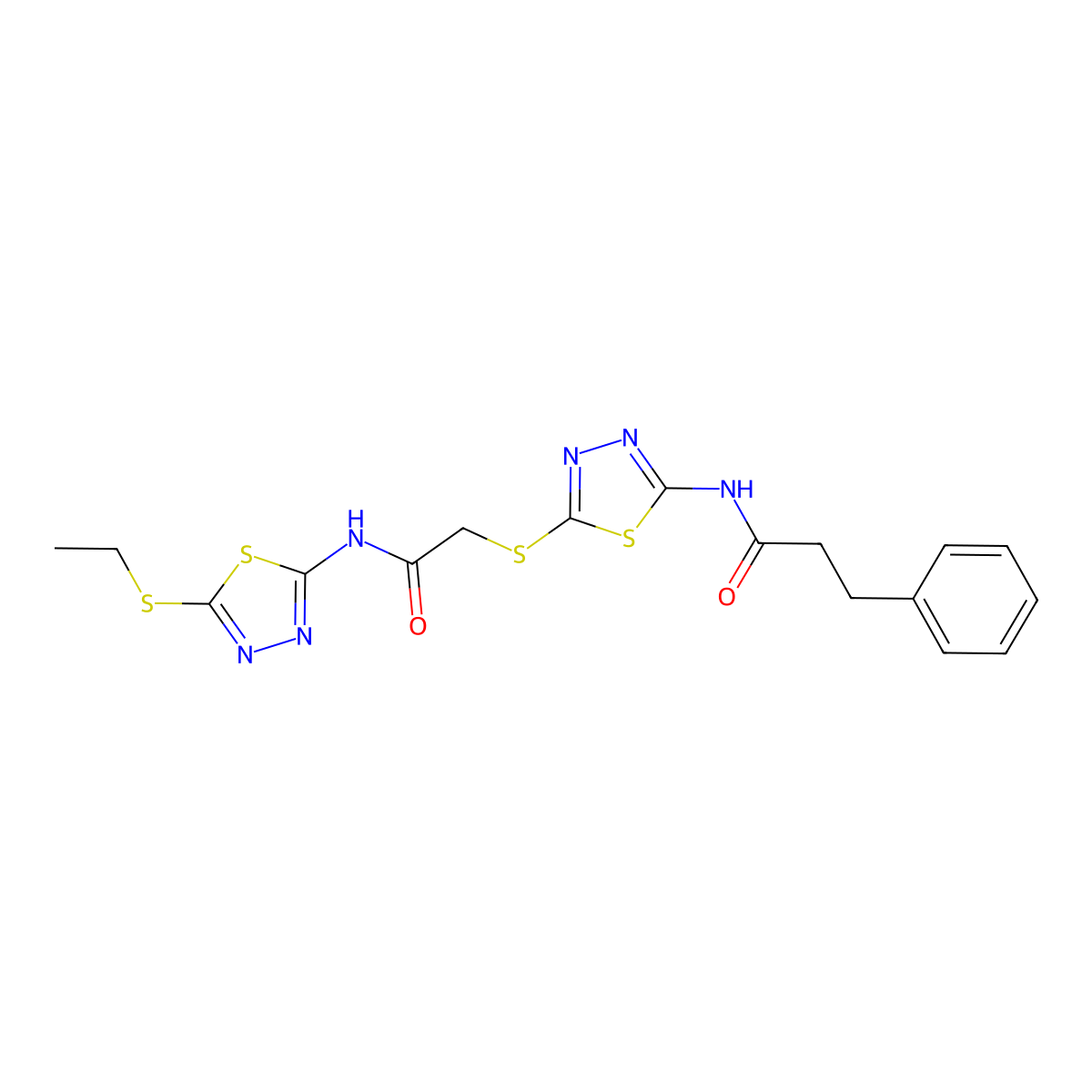 N-(5-((2-((5-(ethylthio)-1,3,4-thiadiazol-2-yl)amino)-2-oxoethyl)thio)-1,3,4-thiadiazol-2-yl)-3-phenylpropanamide molecular structure, CAS 477215-07-9