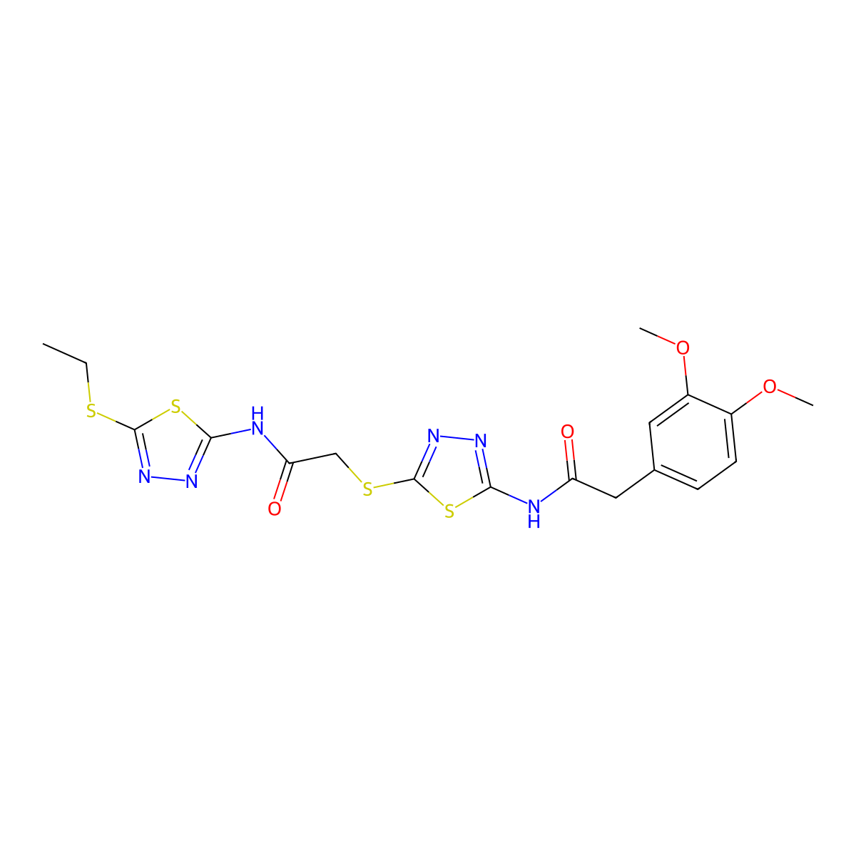 2-(3,4-dimethoxyphenyl)-N-[5-[2-[(5-ethylsulfanyl-1,3,4-thiadiazol-2-yl)amino]-2-oxoethyl]sulfanyl-1,3,4-thiadiazol-2-yl]acetamide molecular structure, CAS 477215-08-0