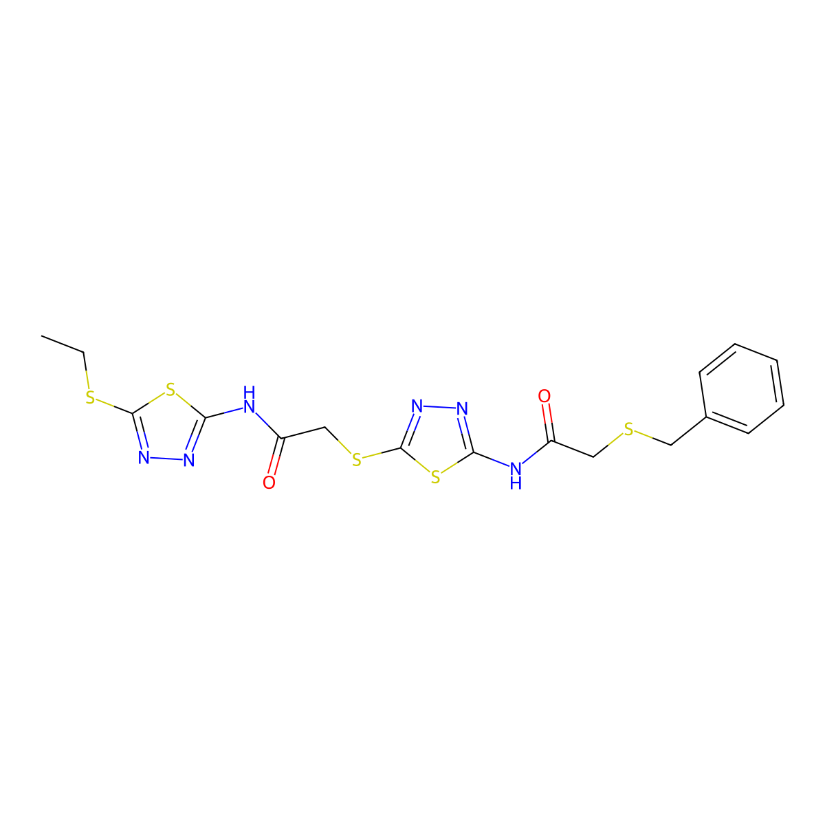 2-(benzylthio)-N-(5-((2-((5-(ethylthio)-1,3,4-thiadiazol-2-yl)amino)-2-oxoethyl)thio)-1,3,4-thiadiazol-2-yl)acetamide molecular structure, CAS 477215-09-1