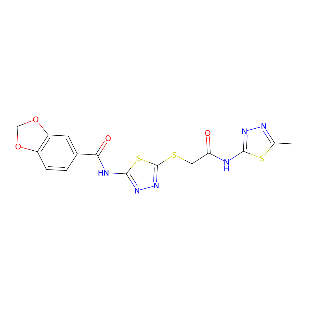N-(5-((2-((5-methyl-1,3,4-thiadiazol-2-yl)amino)-2-oxoethyl)thio)-1,3,4-thiadiazol-2-yl)benzo[d][1,3]dioxole-5-carboxamide molecular structure, CAS 477215-17-1