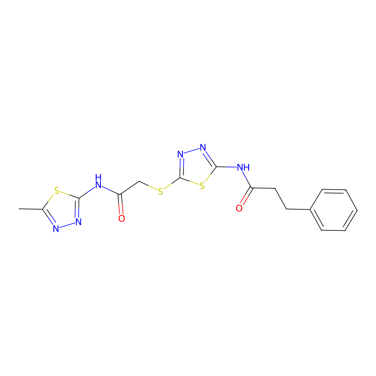 N-[5-[2-[(5-methyl-1,3,4-thiadiazol-2-yl)amino]-2-oxoethyl]sulfanyl-1,3,4-thiadiazol-2-yl]-3-phenylpropanamide molecular structure, CAS 477215-22-8