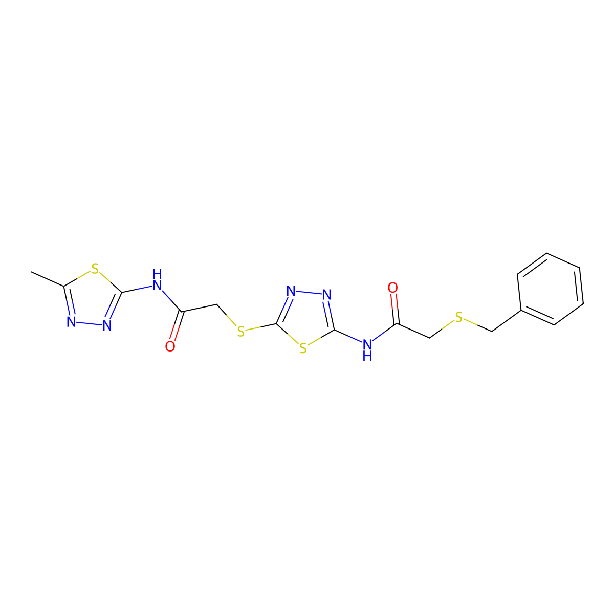 2-(benzylthio)-N-(5-((2-((5-methyl-1,3,4-thiadiazol-2-yl)amino)-2-oxoethyl)thio)-1,3,4-thiadiazol-2-yl)acetamide molecular structure, CAS 477215-24-0