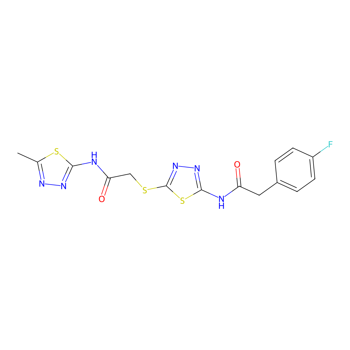 2-(4-fluorophenyl)-N-(5-((2-((5-methyl-1,3,4-thiadiazol-2-yl)amino)-2-oxoethyl)thio)-1,3,4-thiadiazol-2-yl)acetamide molecular structure, CAS 477215-26-2